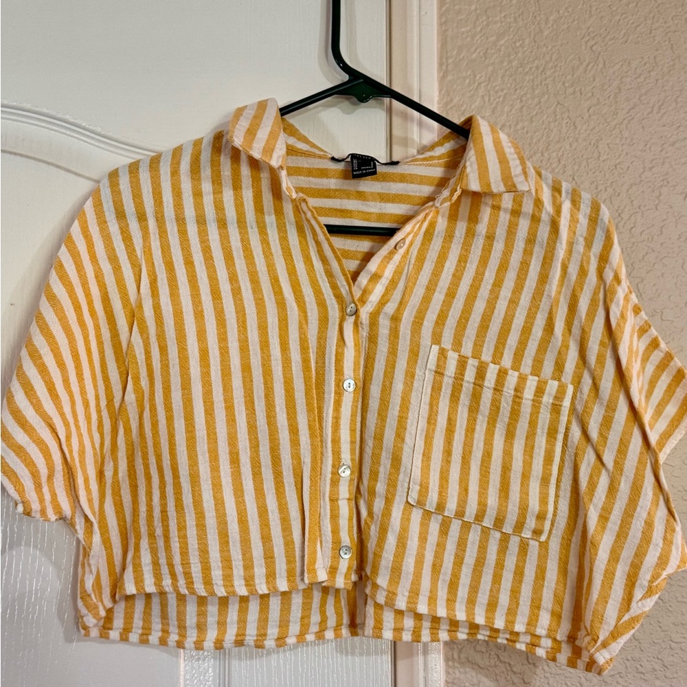 Yellow and White Striped Button-Up Cropped Top
